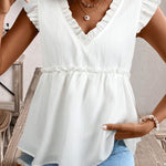 White Textured Ruffled Trim V Neck Flutter Flowy Top
