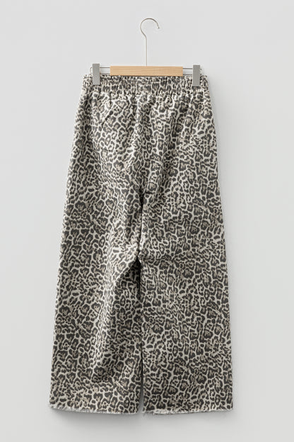 Brown Leopard Print Raw Hem Elastic Waist Loose Pull On Jeans