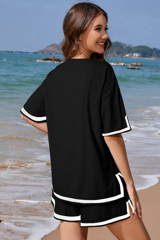 Black Contrast Trim Tee and Shorts Set