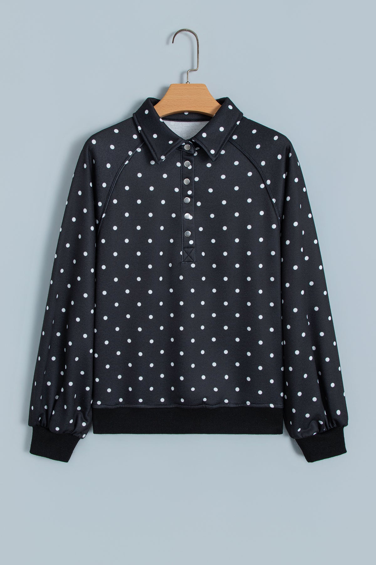 Black Polka Dot Print Metal Button Collar Casual Pullover Sweatshirt