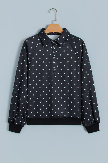 Black Polka Dot Print Metal Button Collar Casual Pullover Sweatshirt