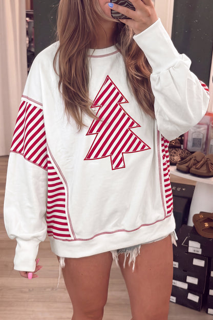 White Striped Contrast Christmas Tree Patchwork Puff Sleeve Top