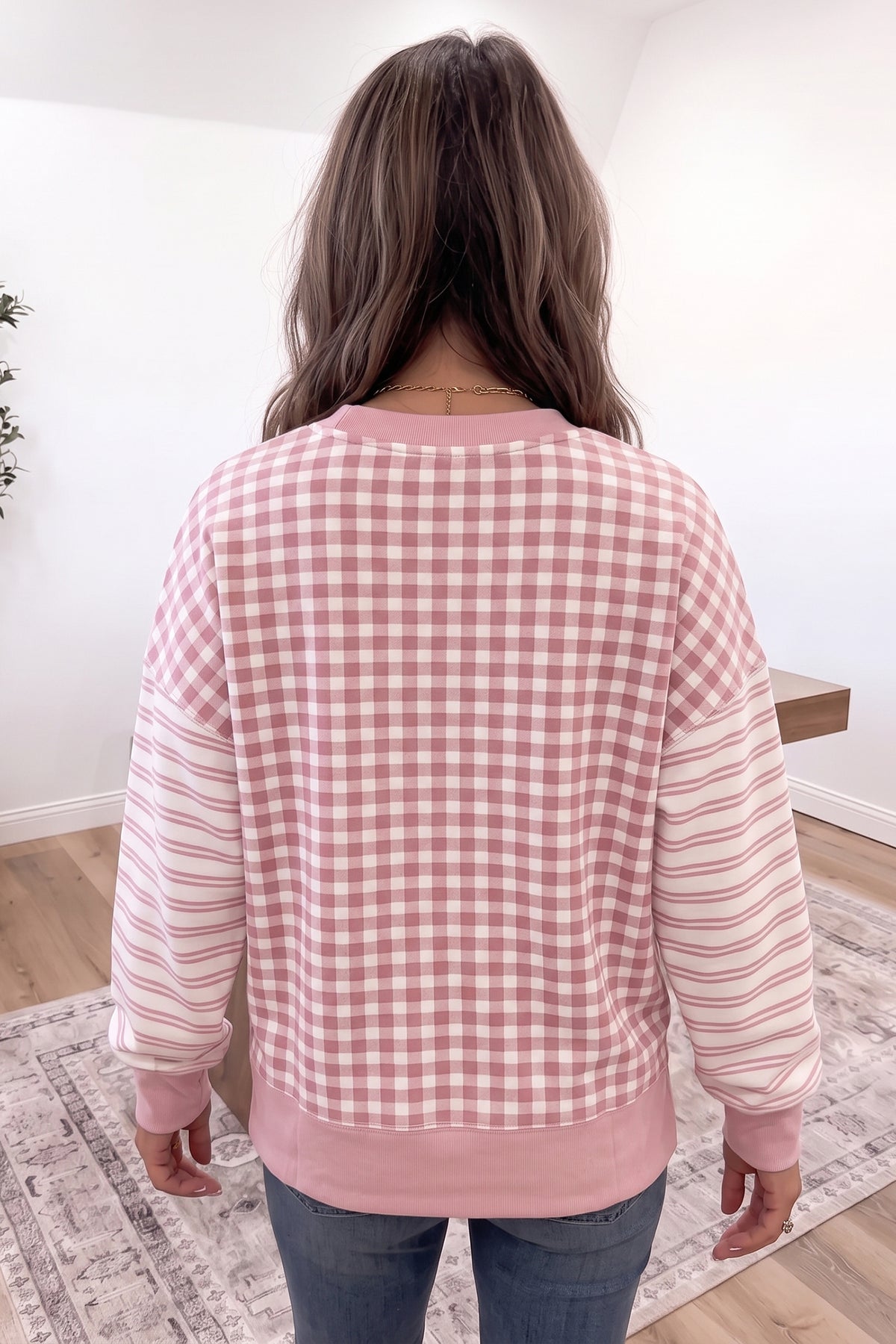 Pink Plaid Striped Patchwork Long Sleeve Casual Top