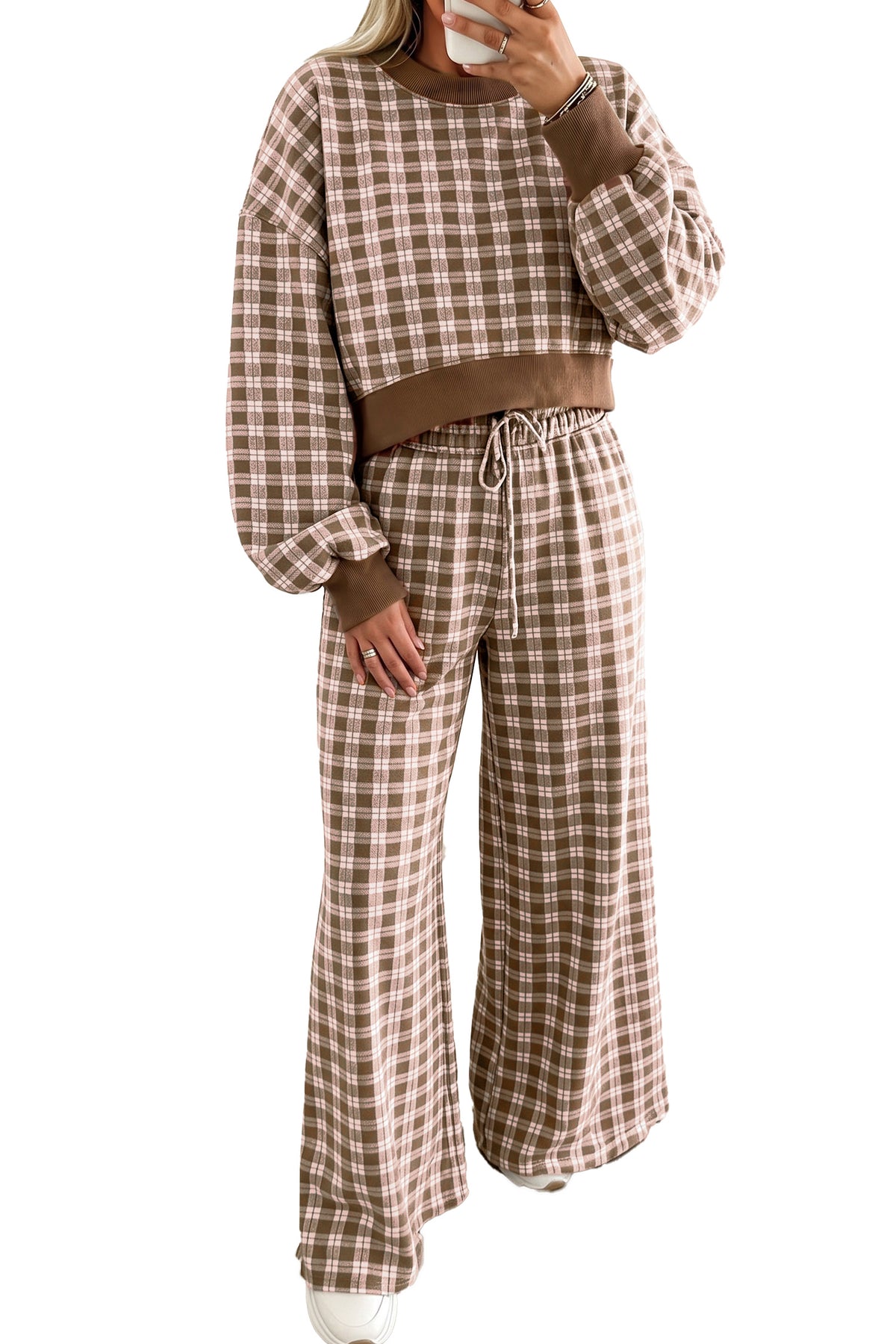 Brown Plaid Long Sleeve Drop Shoulder Top Ribbed Color Block Trim Two Piece Pant Set