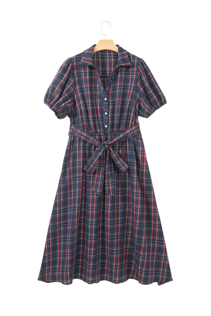 Black Plaid V Neck Belted Waist Short Sleeve Plus Size Dress