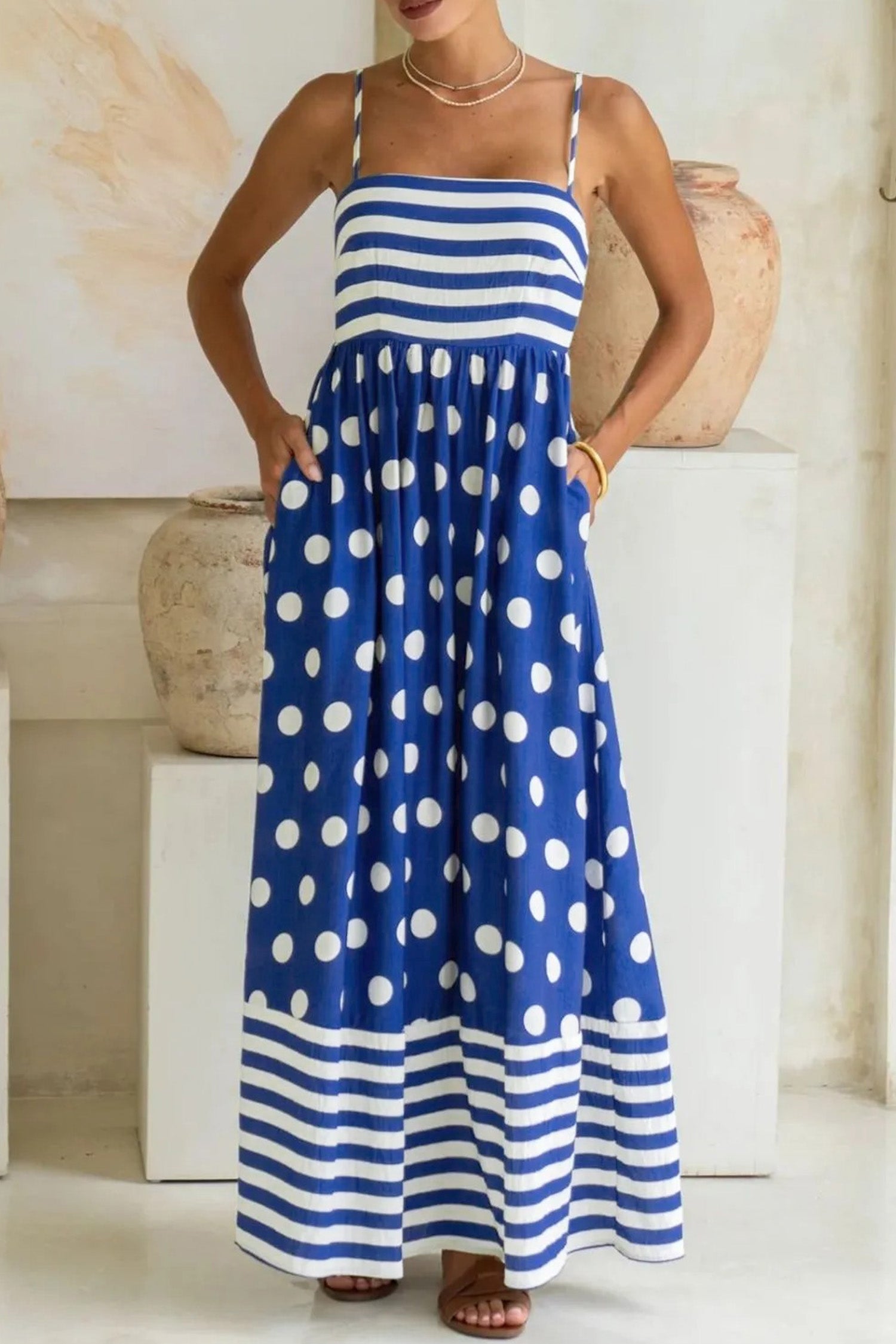 Blue Striped Polka Dot Patchwork High Waist Spaghetti Straps Maxi Dress Blue / M / 100%Polyester