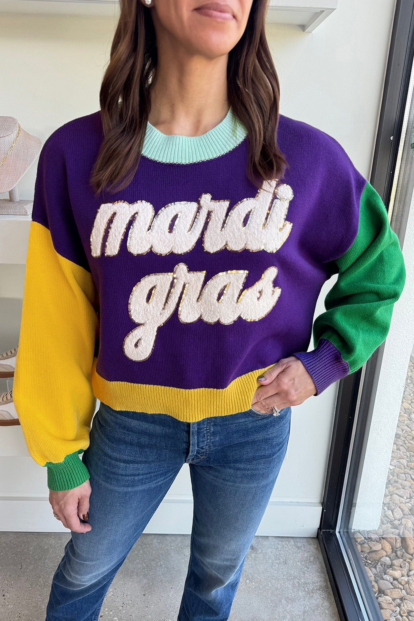 Tillandsia Purple Colorblock Patchwork Fuzzy Mardi Gras Graphic Sweater