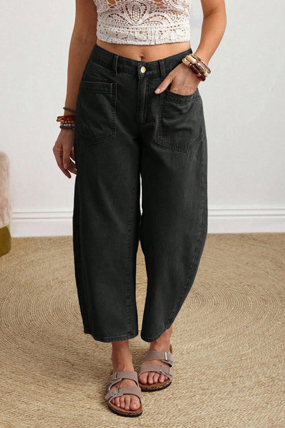 Black Solid Color Square Patch Pocket Ankle-length Barrel Jeans