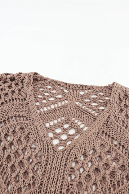 Pull kaki à manches chauve-souris et col en V en maille ajourée