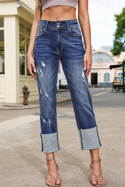 Blue High Waist Distressed Straight Leg Jeans