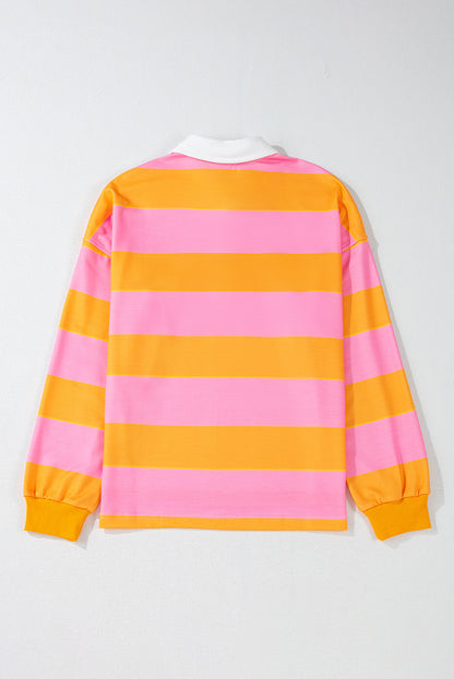 Yellow Stripe Color Block Polo Collar Sweatshirt