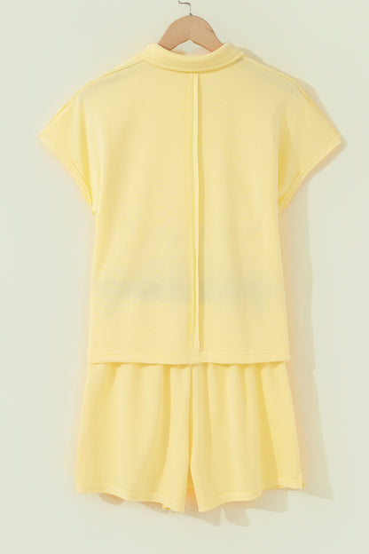Yellow Cream Loose Polo Tee Elastic Waist 2pcs Short Set