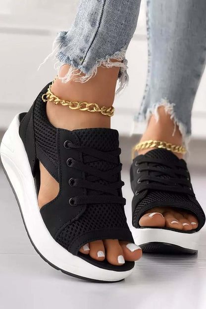 Sandales compensées à lacets et bout ouvert en maille