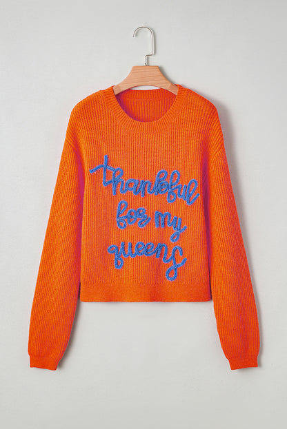Vitality Orange Thankful for my queens Ribbed Knit Drop Shoulder Graphic Sweater