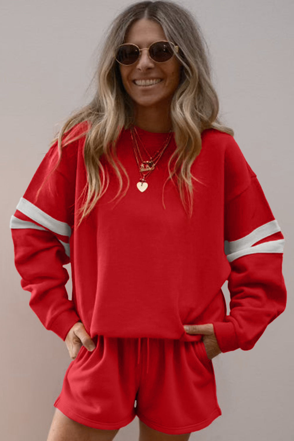 Fiery Red Varsity Striped Sleeve Drop Shoulder Sweatshirt and Short Set
