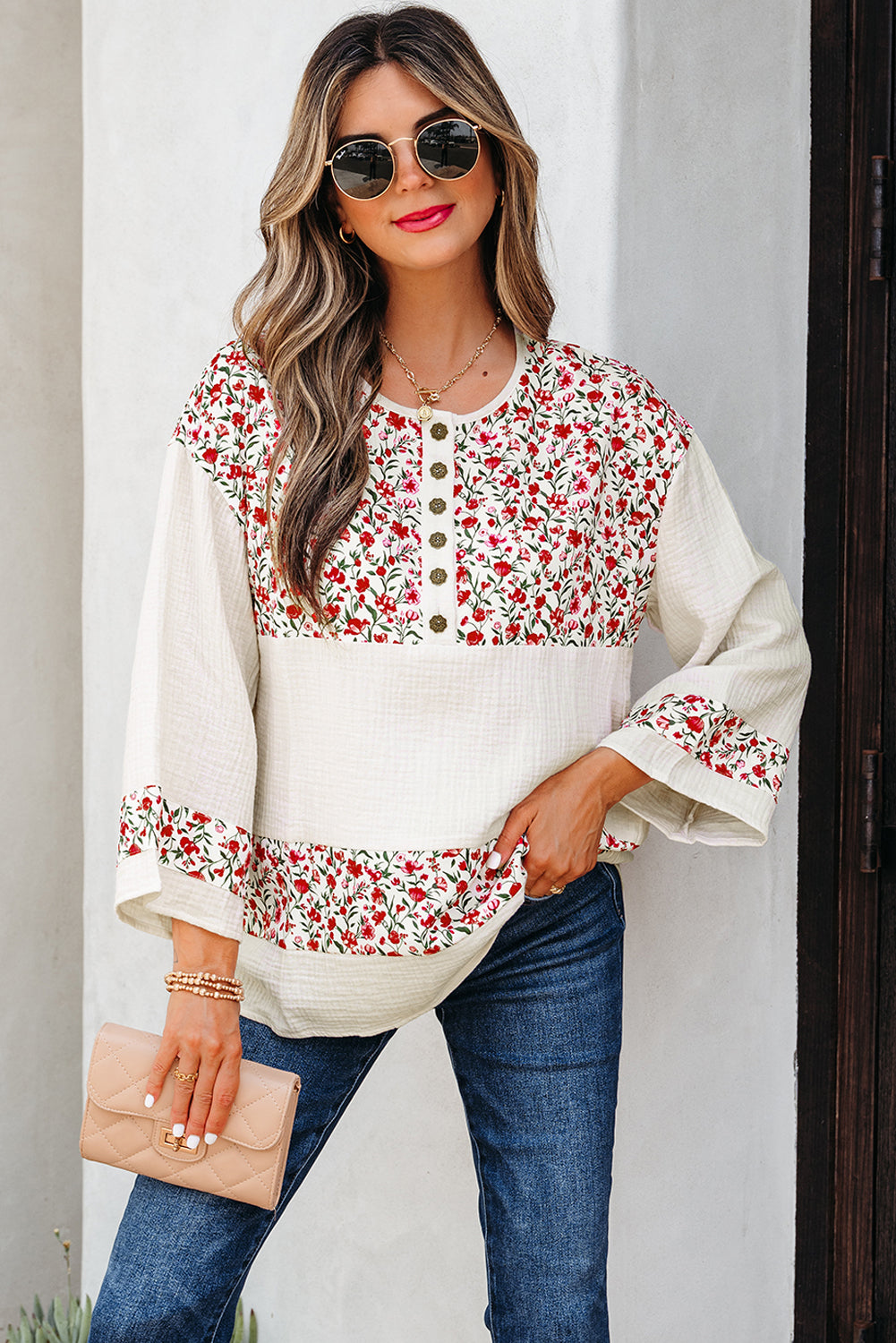 Sky Blue Floral Print Gauze Patchwork Henley Button 3/4 Sleeve Blouse