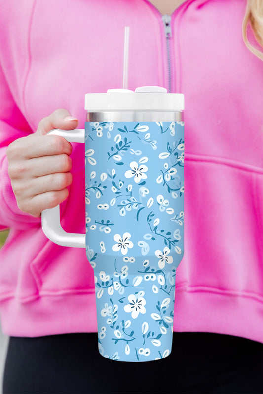 Light Blue Floral Print Stainless Steel Vacuum Cup 40oz