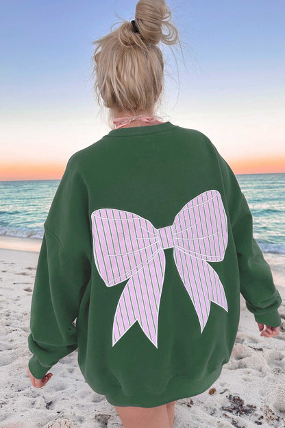 Blackish Green Striped Bow Graphic Oversized Sweatshirt