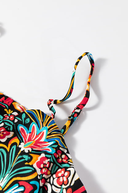 Robe longue noire à imprimé floral bohème, bretelles fines, sans manches, taille haute