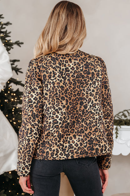Khaki Leopard Quilted Tie Front Jacket