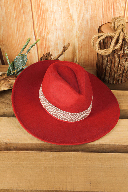 Sombrero Fedora plano retro con bordado azteca marrón