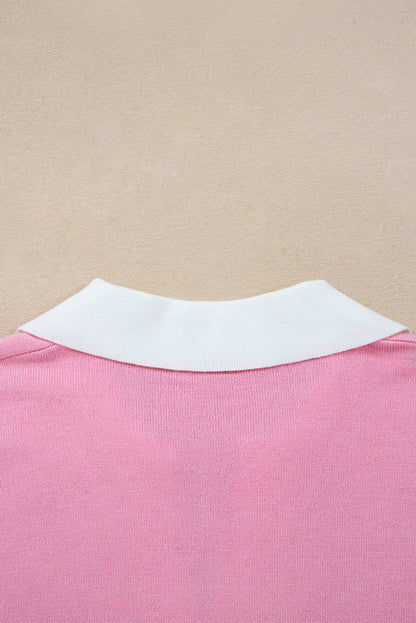 Pink Contrasting Polo Collar Color Block Knit Drop Shoulder Sweater