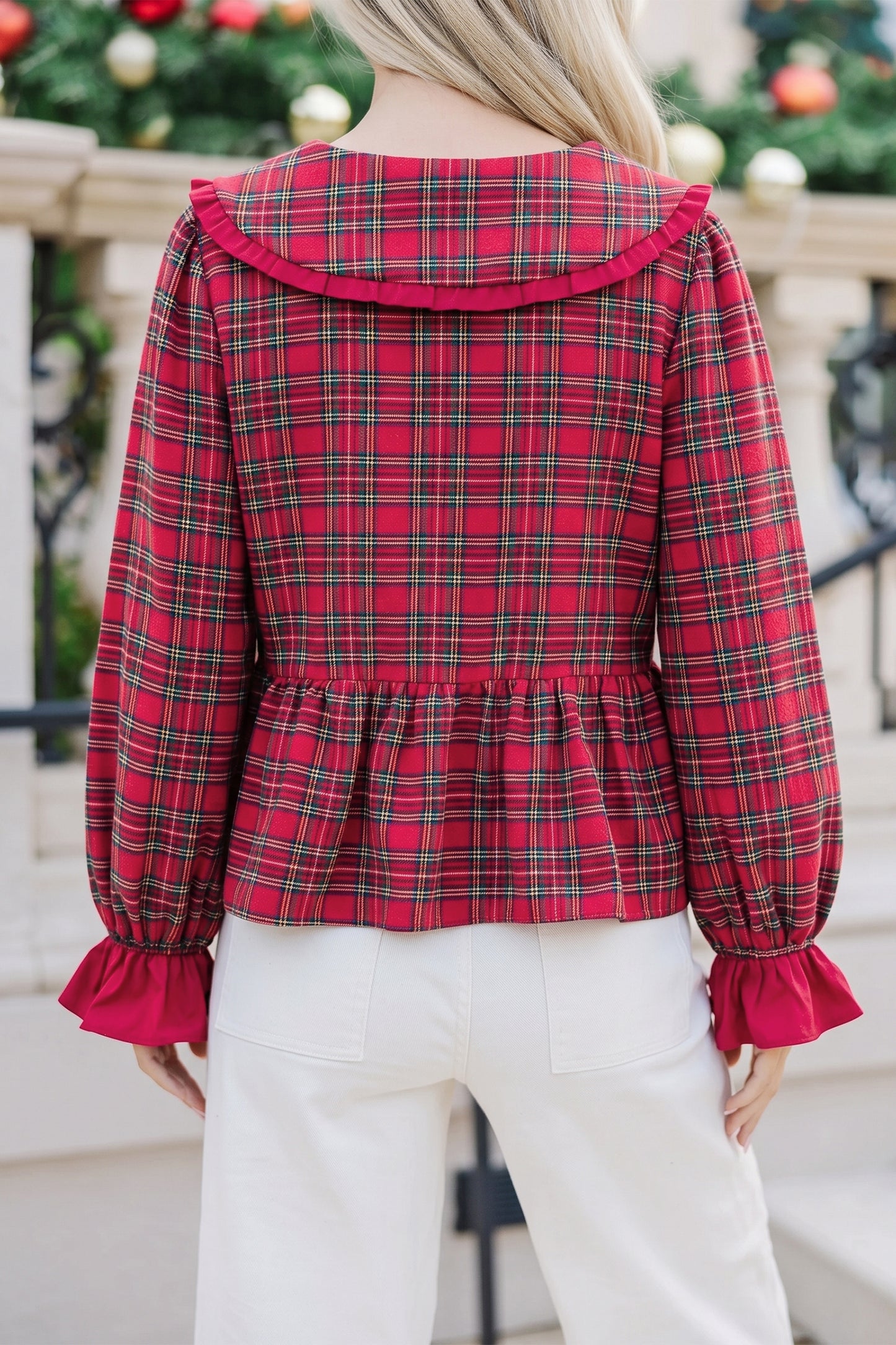 Red Plaid Tie Neck Ruffle Cuffs Long Sleeve Shift Blouse