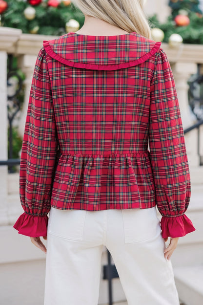 Red Plaid Tie Neck Ruffle Cuffs Long Sleeve Shift Blouse