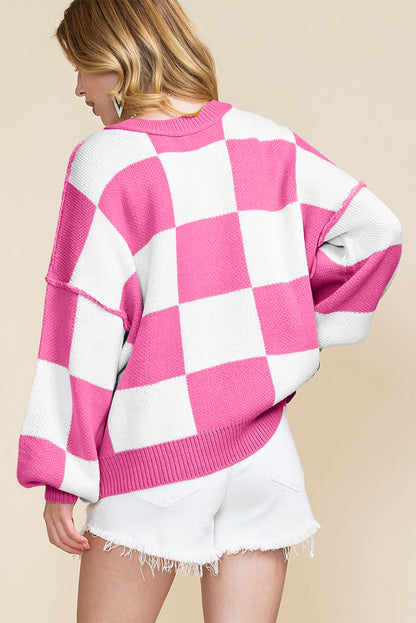 Dark Brown Checkered Bishop Sleeve Sweater