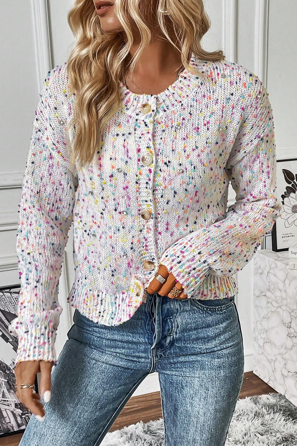 Cardigan blanc à confettis multicolores
