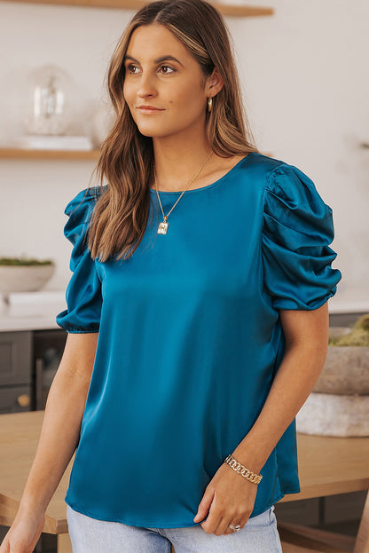 Ruched Puff Short Sleeve Satin Blouse