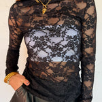 Black Sheer Floral Lace Lettuce Trim Mock Neck Long Sleeve Top
