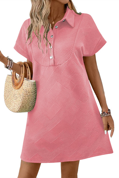 Peach Blossom Solid Color Textured Short Sleeve A Line Mini Dress