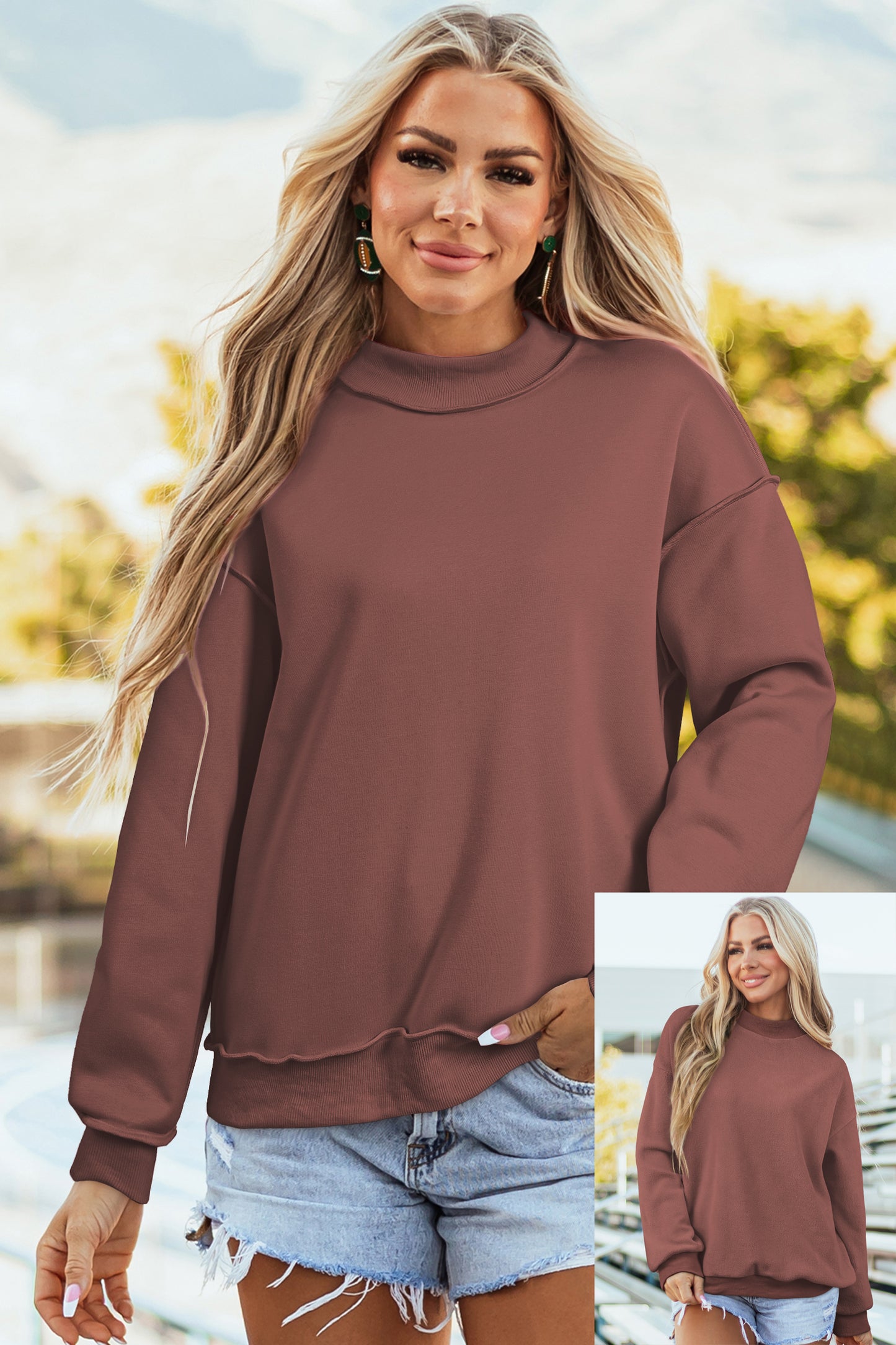 Dark Blue Oversize Drop Shoulder Reversible Mock Neck Sweatshirt