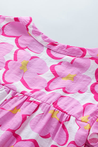 Chemisier babydoll à manches volantées et motif floral rose