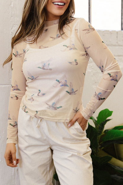 Beige High Neck Western Print Mesh Sheer Long Sleeve Top