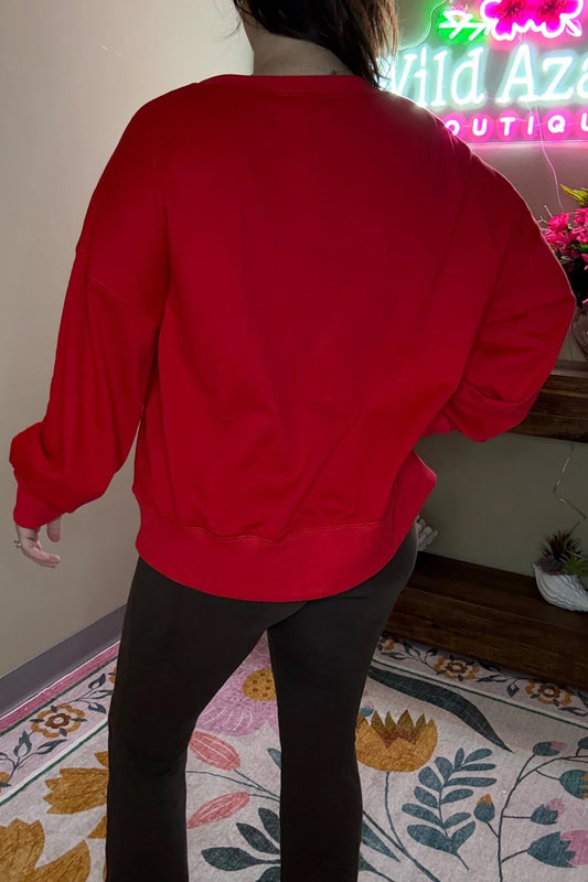 Fiery Red Christmas Embroidered Long Sleeve Casual Round Neck Loose Fit Sweatshirt