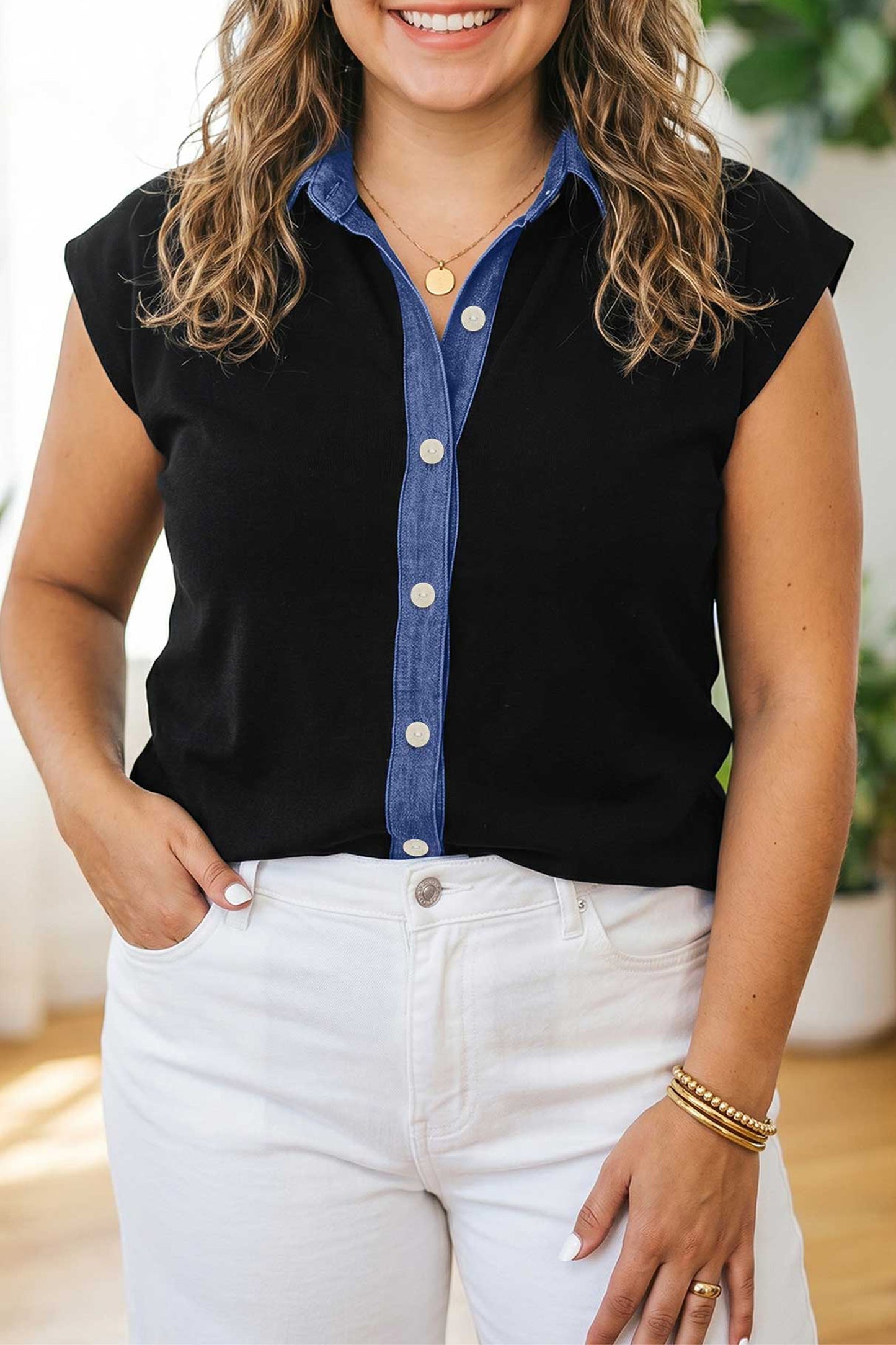 Black Plus Size Sleeveless Patchwork Colorblock V Neck Tunic Top Cardigan