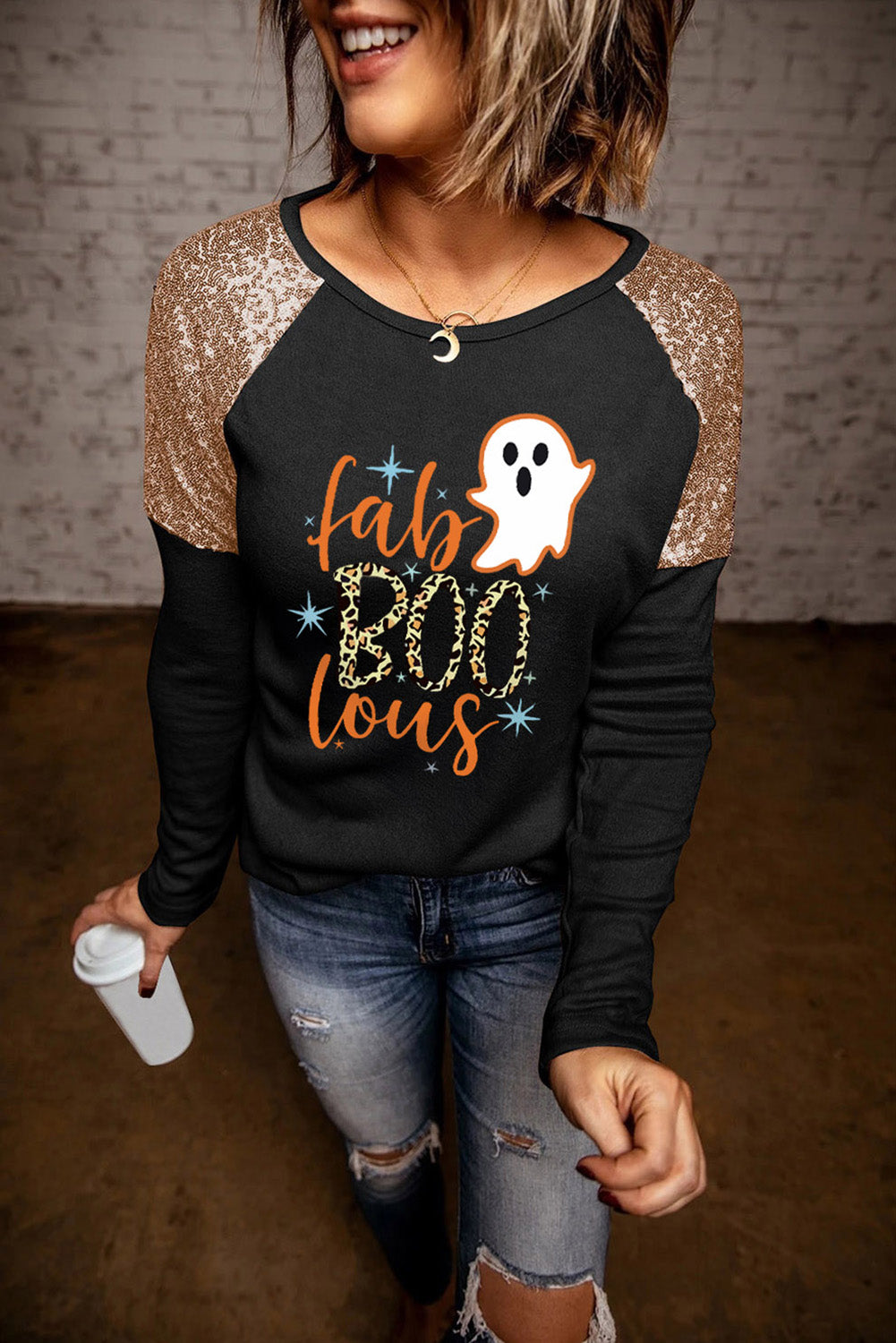 Black Leopard Boo Ghost Graphic Sequin Raglan Sleeve Top
