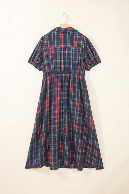 Black Plaid V Neck Belted Waist Short Sleeve Plus Size Dress