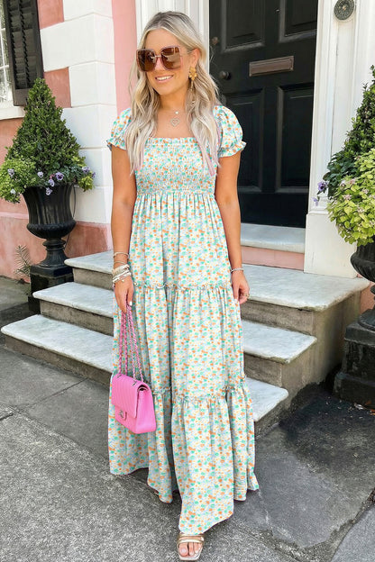 Pink Floral Short Bubble Sleeve Shirred High Waist Maxi Dress
