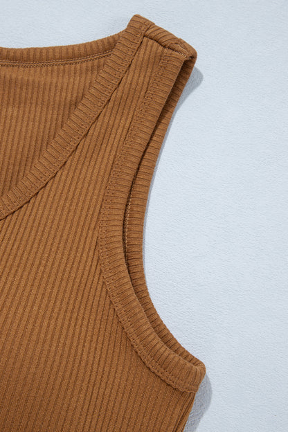 Coffee Ribbed Knit Sweet Lace Hem Vest