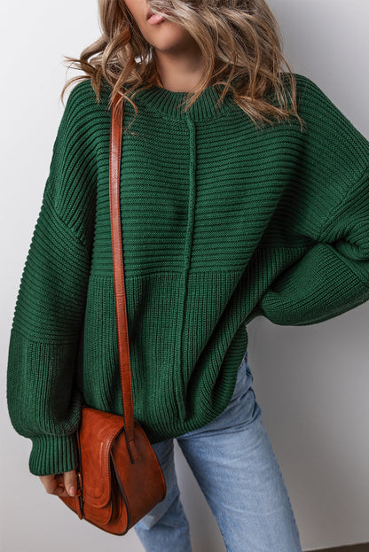 Pull ras du cou à manches lanternes en tricot texturé vert noirâtre