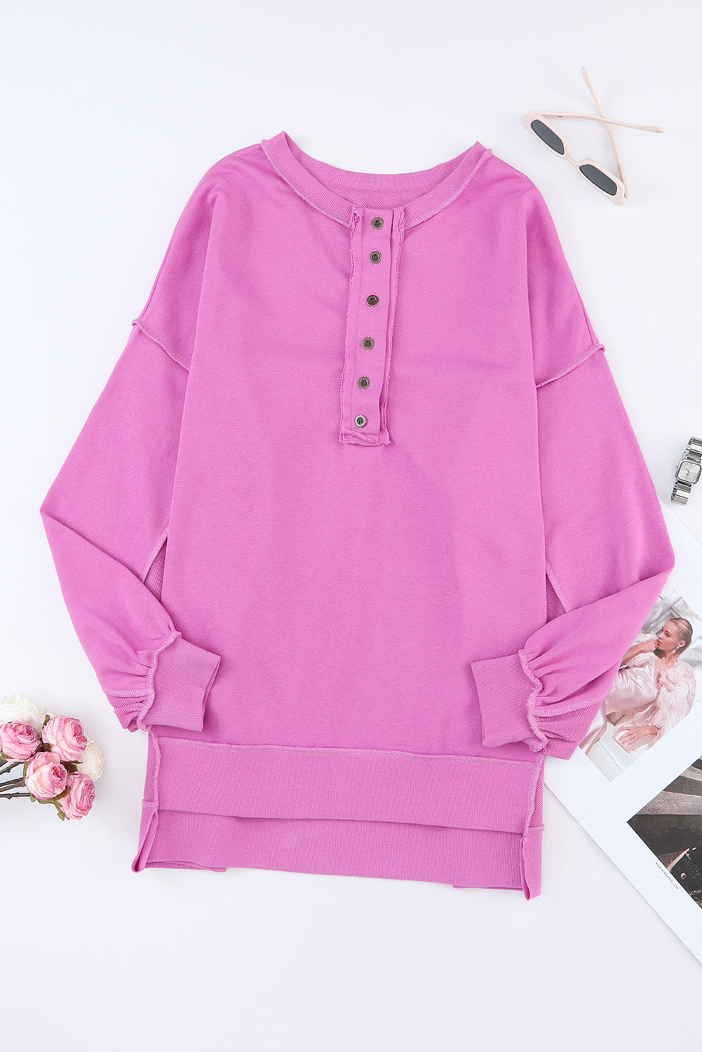 Purple Oversized Exposed Seam Henley Sweatshirt