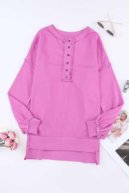 Purple Oversized Exposed Seam Henley Sweatshirt