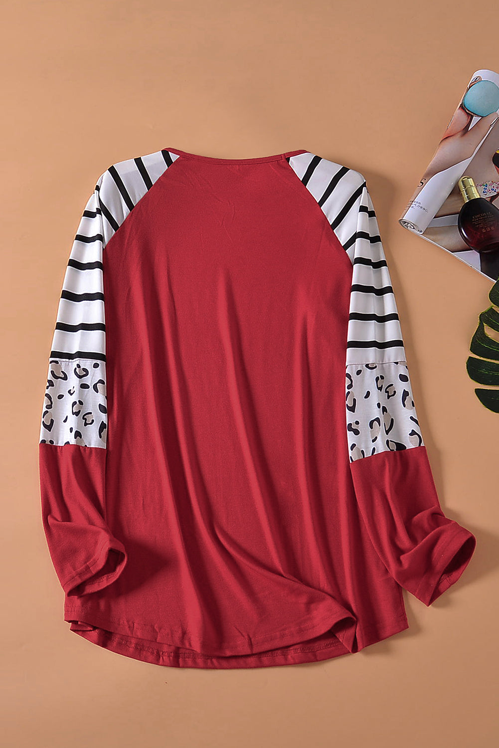 Black Striped Animal Print Colorblock Long Sleeve Top