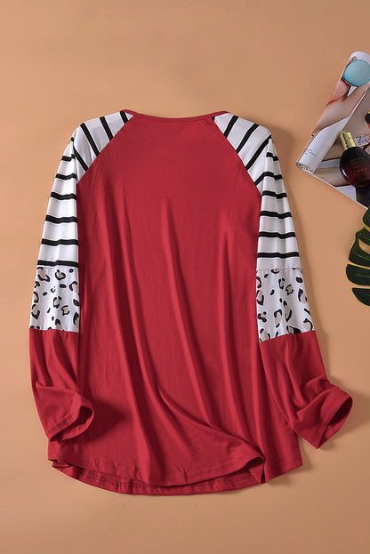 Black Striped Animal Print Colorblock Long Sleeve Top