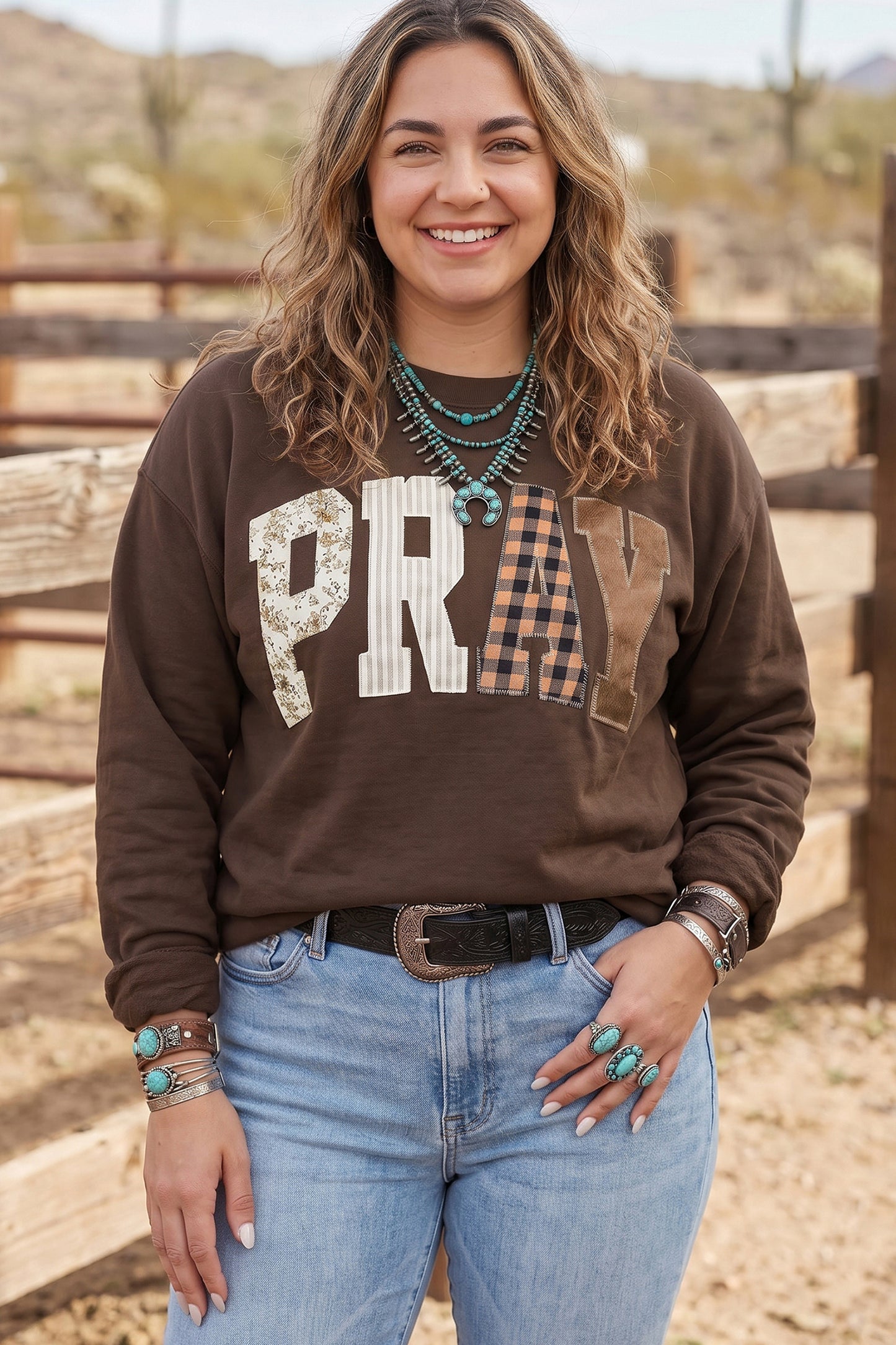 Coffee PRAY Letter Patchwork Round Neck Long Sleeve Plus Size Sweatshirt