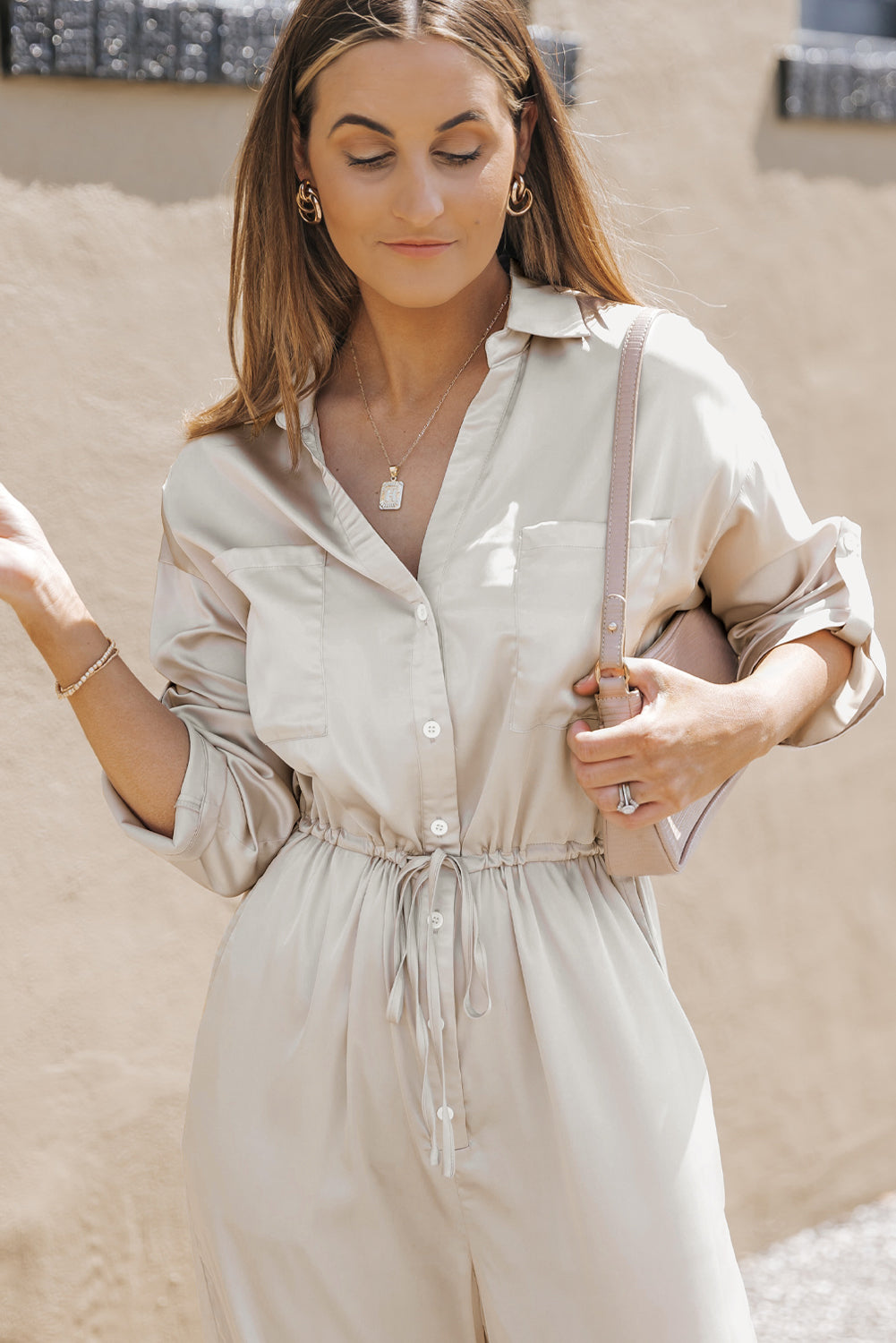 Combinaison à lacets, taille haute, manches longues, jambes larges 