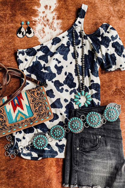 Top de manga corta con abertura y estampado de vaca de un hombro 